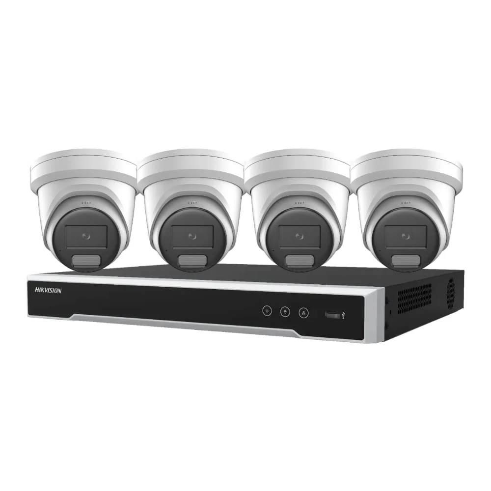 Hikvision 4 x 8MP Strobe Light ColorVu Turret Alarm Cameras, Two-way Audio, & 8 Channel 8k NVR CCTV Kit: